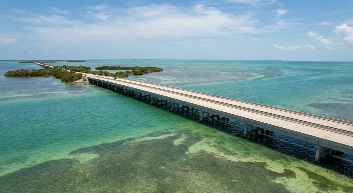 Turquoise shallows and a low two-lane bridge linking mangrove islands under a wide sky