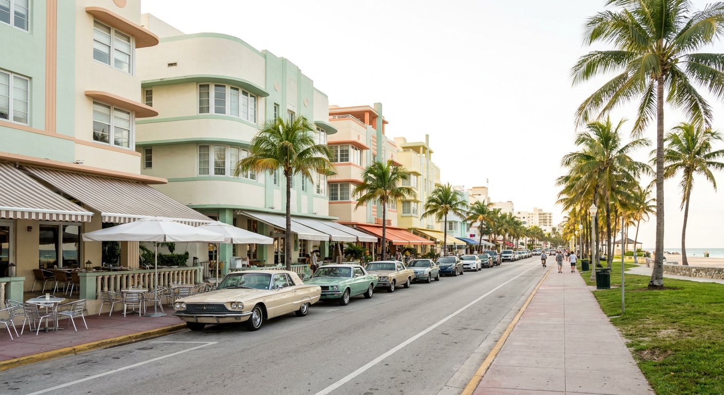 Pastel hotel façades facing a wide beach promenade with palms in early morning light