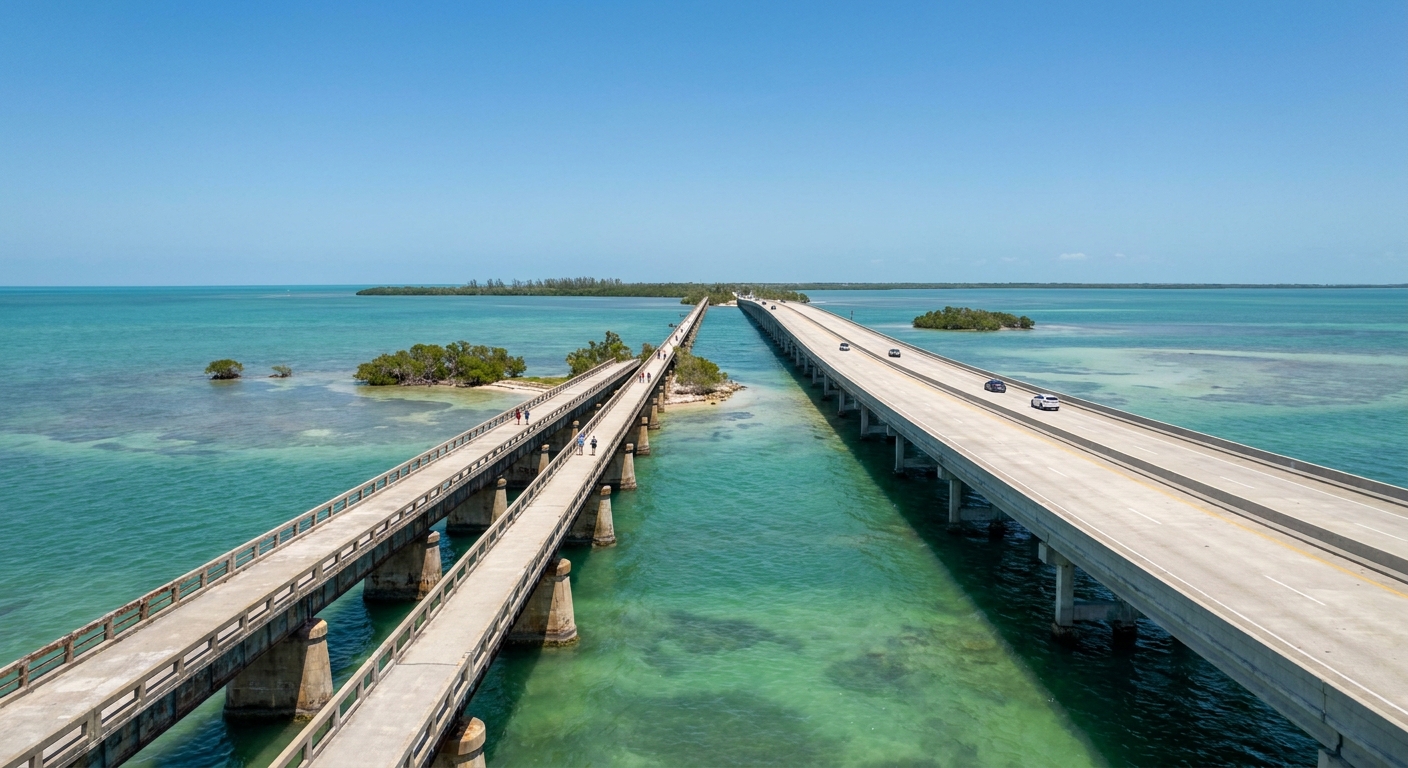 A restored section of an old railroad bridge running parallel to a modern highway bridge over shallow water