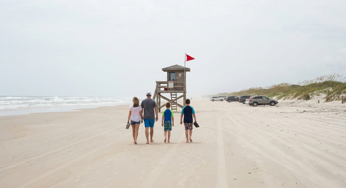 A family walking on a wide Florida beach past a lifeguard tower flying a colored warning flag