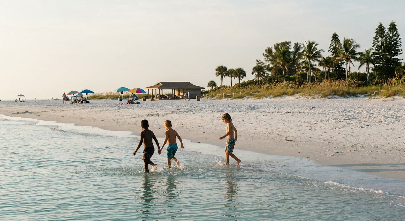 Children playing in shallow water on a Gulf coast beach in late afternoon light