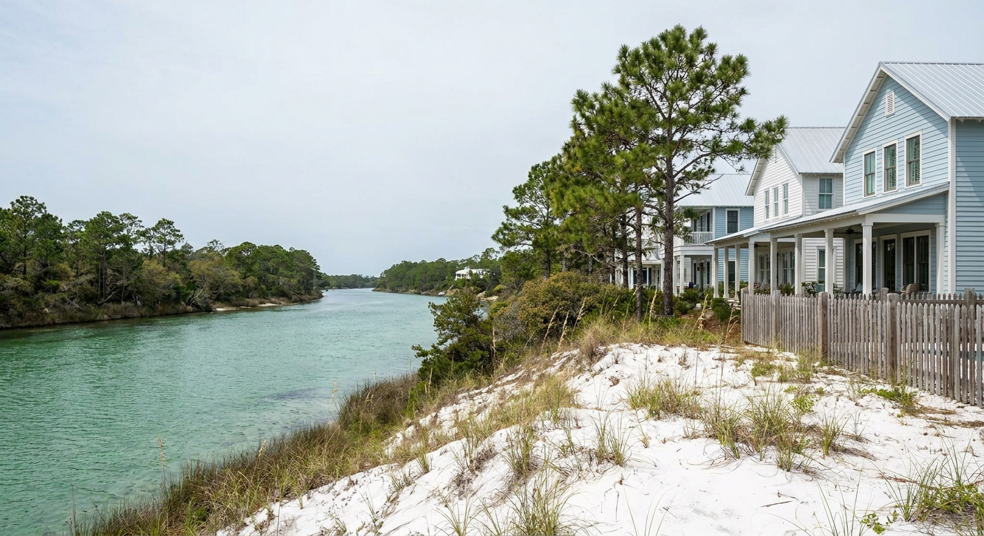 A wide slow river running between wooded banks under a pale sky in the Florida Panhandle