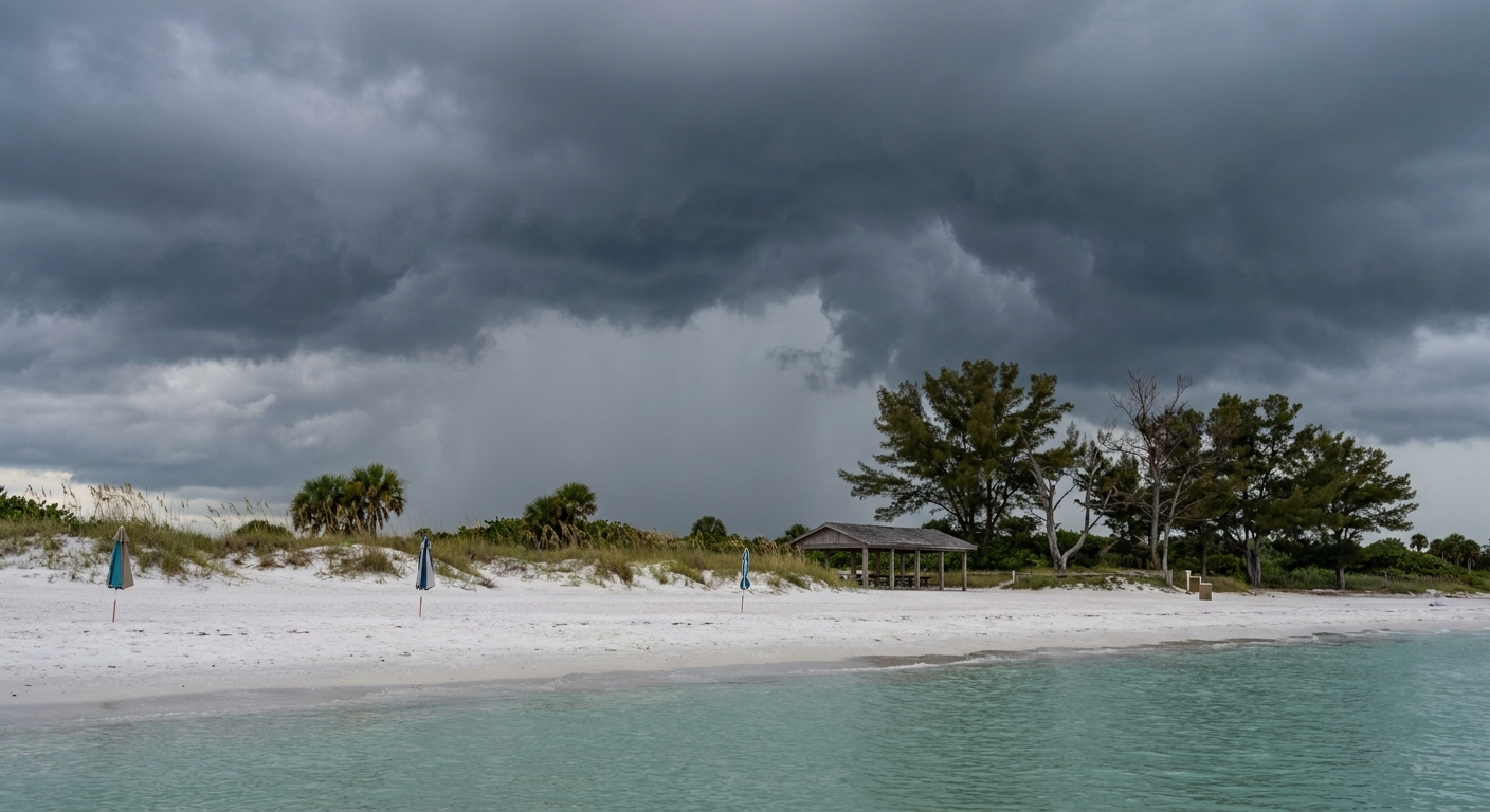 Dark thunderstorm clouds building over an empty Gulf coast beach in late afternoon