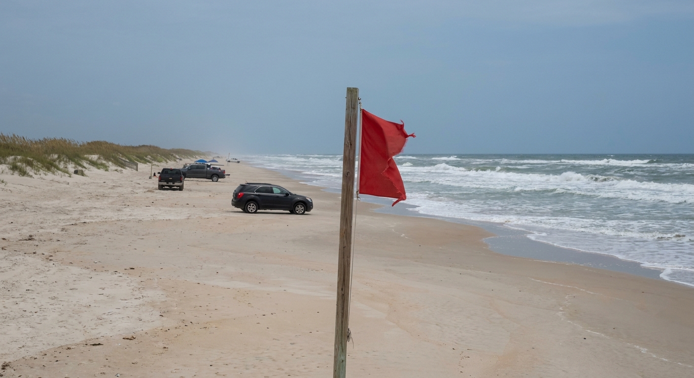 Breaking waves along an empty Florida beach with a warning flagpole in the foreground