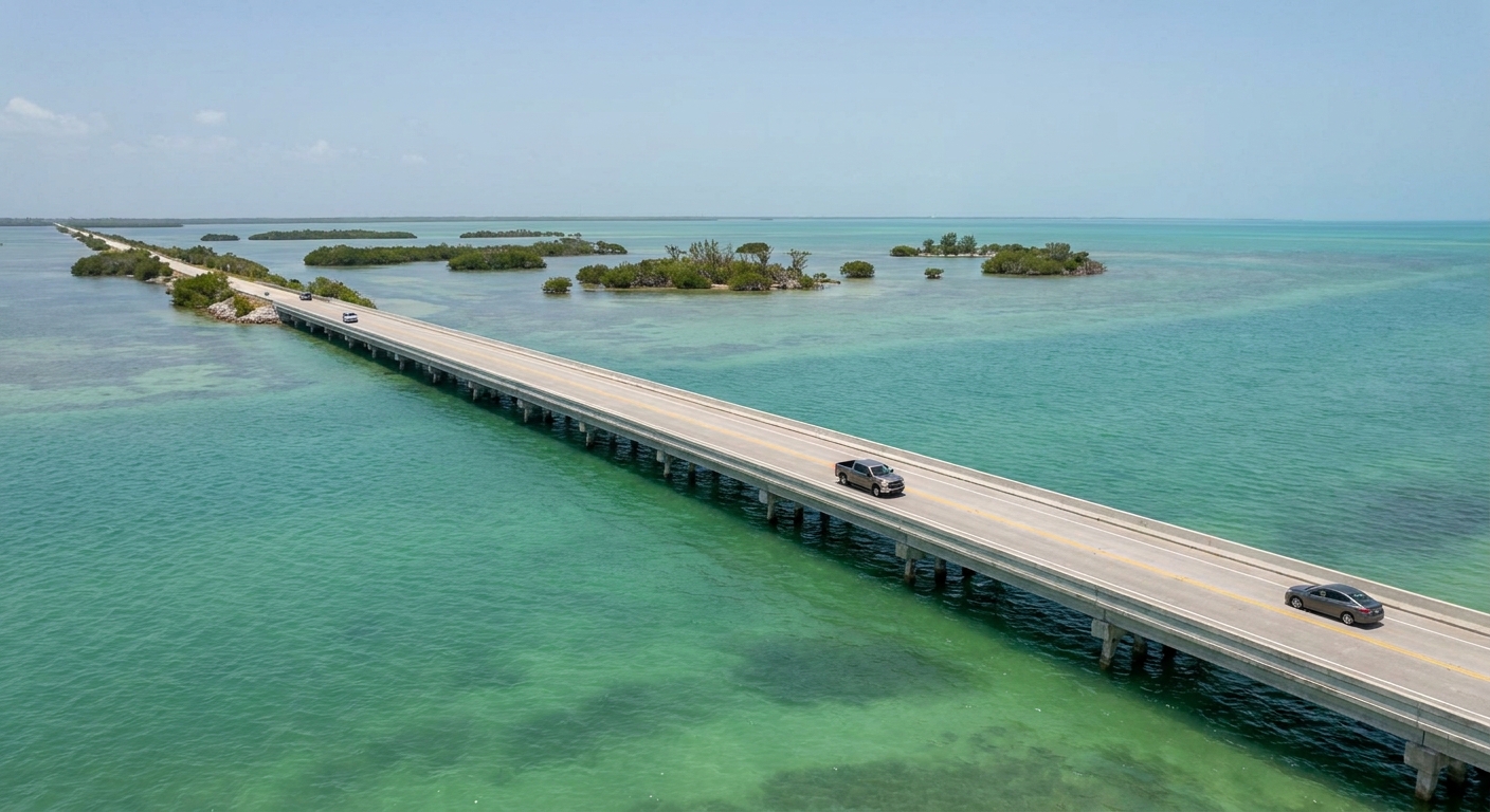 A long low bridge carrying two lanes of highway across shallow turquoise water