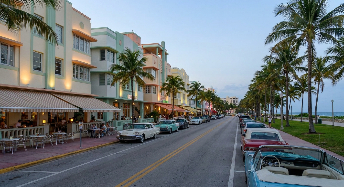 Pastel hotel facades along a beachfront street in Miami Beach at dusk