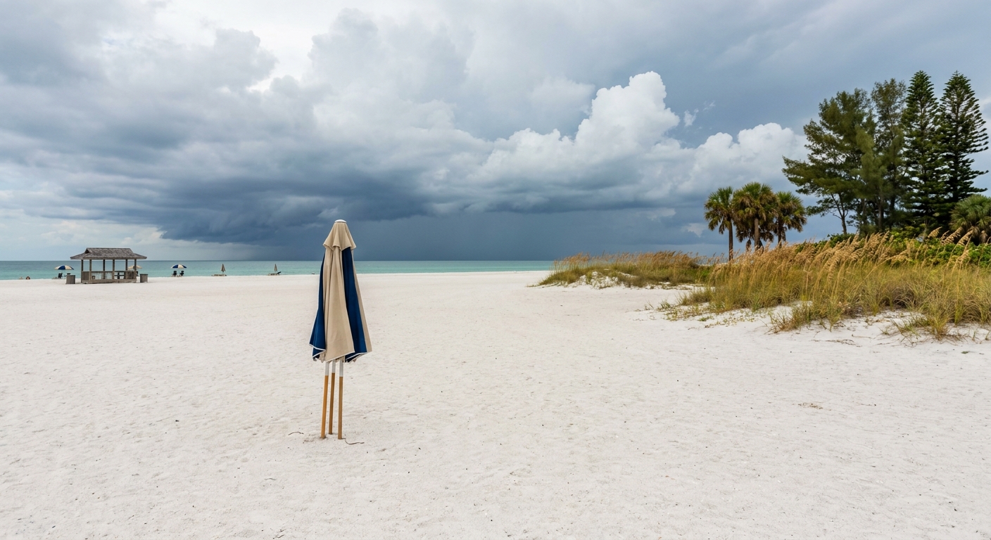 A single closed beach umbrella on an empty Gulf beach with storm clouds building offshore