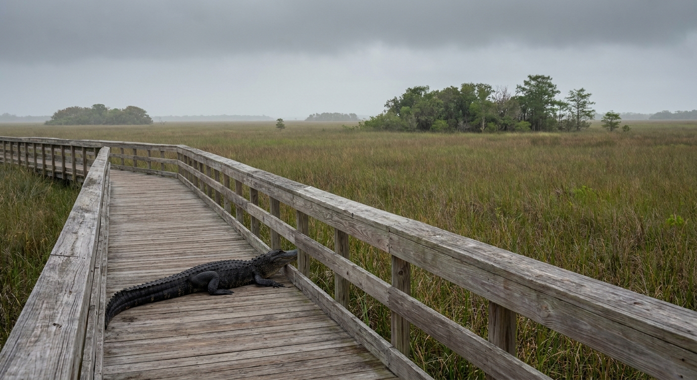 Wooden boardwalk over sawgrass marsh with an alligator resting beside the rail
