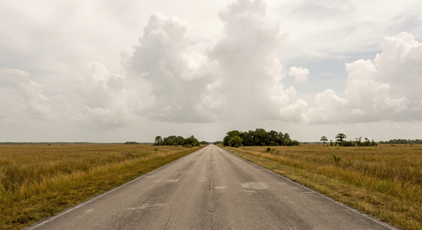 The paved Shark Valley loop road running straight through flat sawgrass prairie under tall clouds