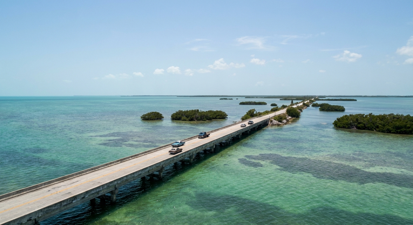 A two-lane highway crossing shallow turquoise water between two low mangrove islands