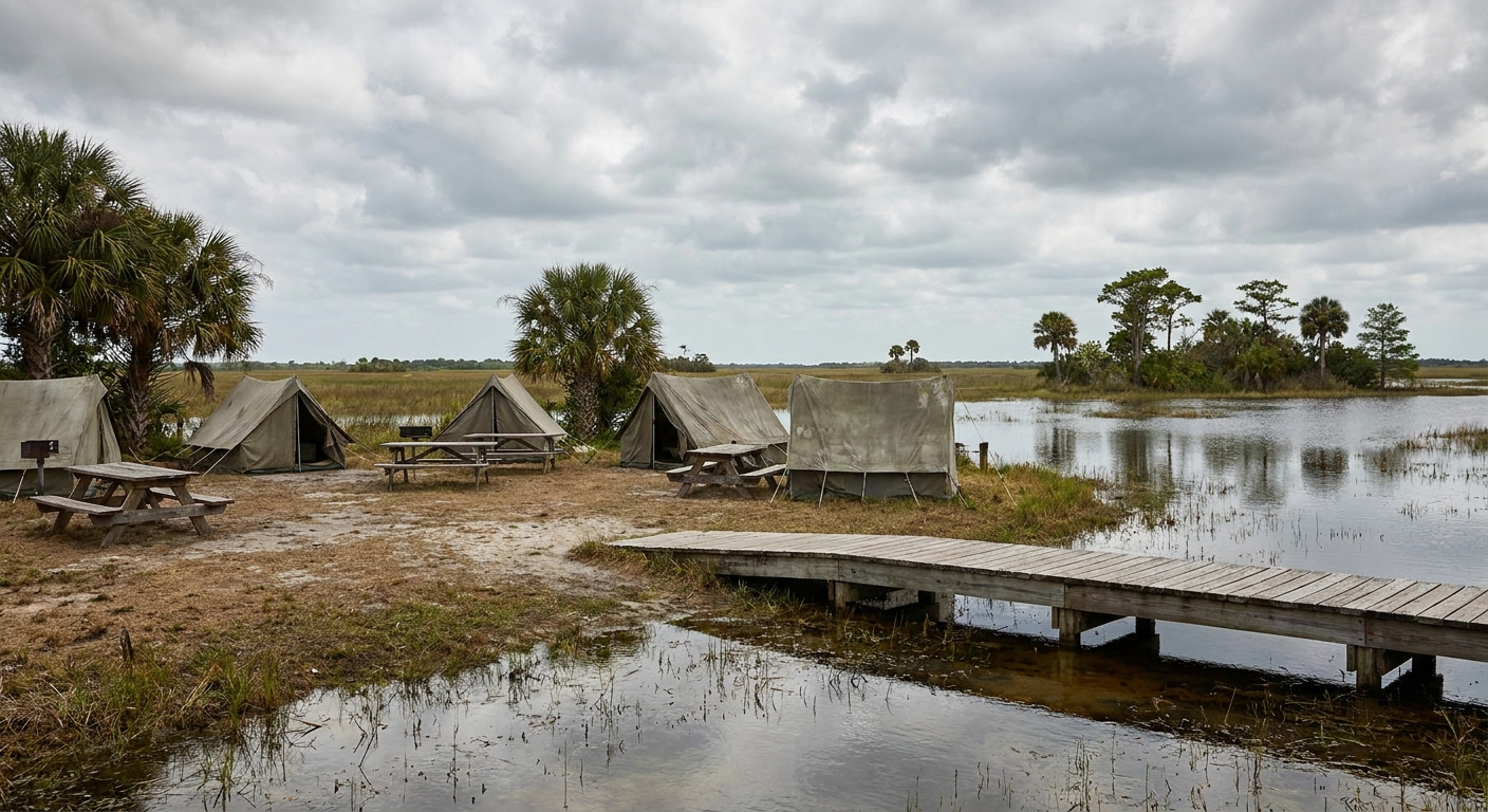 Tents and picnic tables at a coastal campground with palms and open water behind