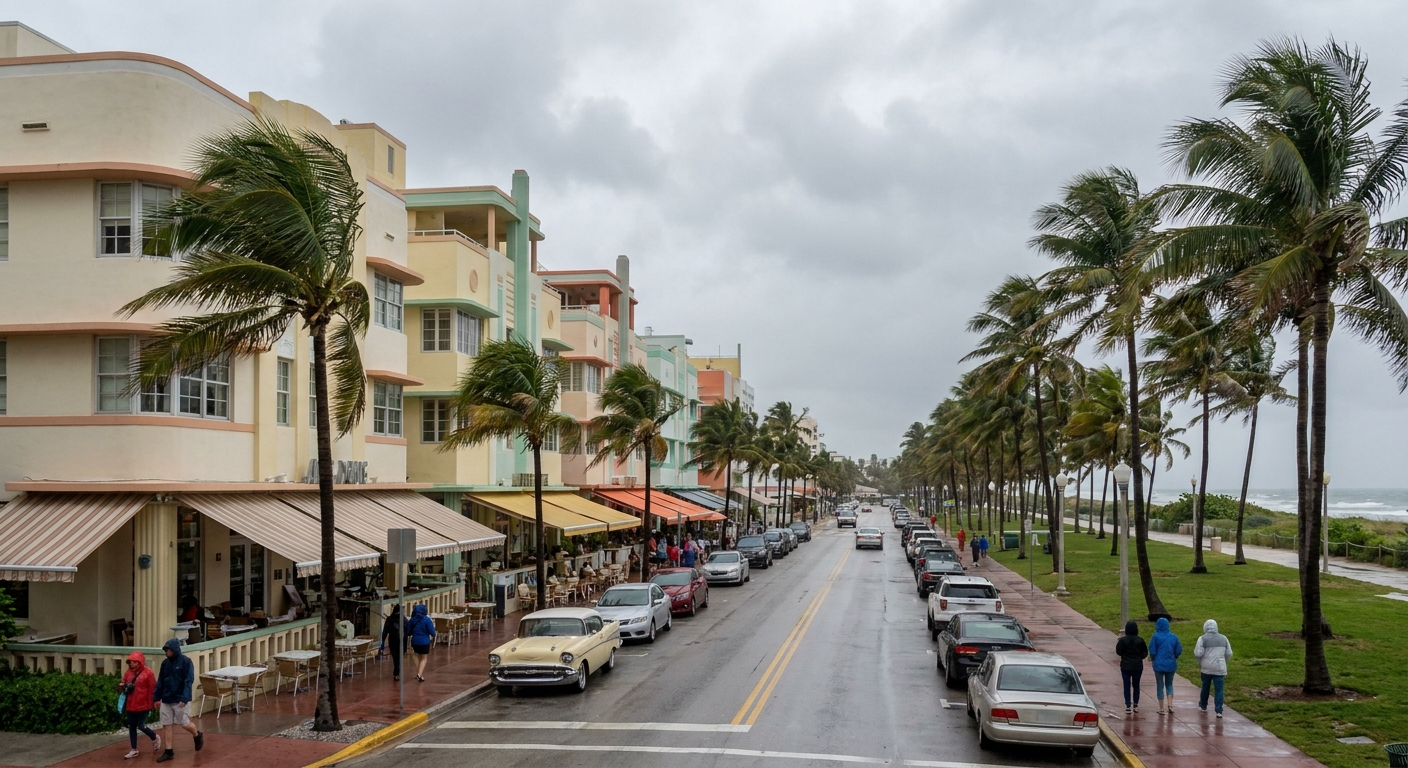 Palm trees leaning in strong wind under low gray cloud on a Florida beach