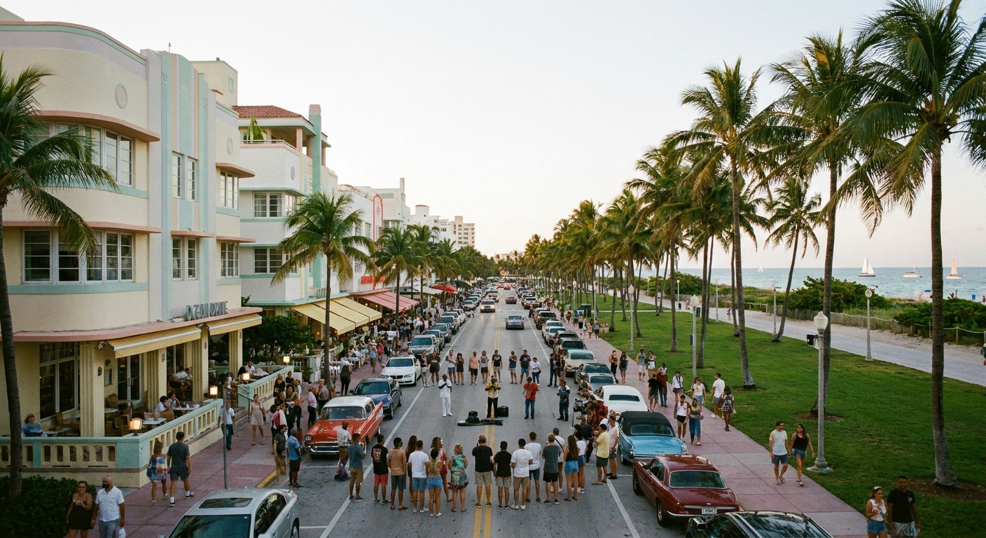 A crowd on a waterfront square watching the sun drop toward the sea, with street performers and sailboats