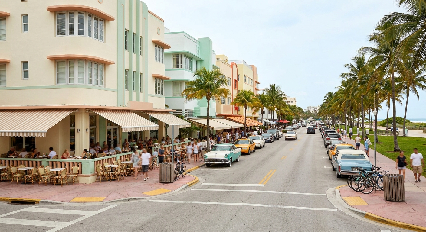 Flat street of wooden houses with wide porches and bicycles leaning on a fence in Key West Old Town