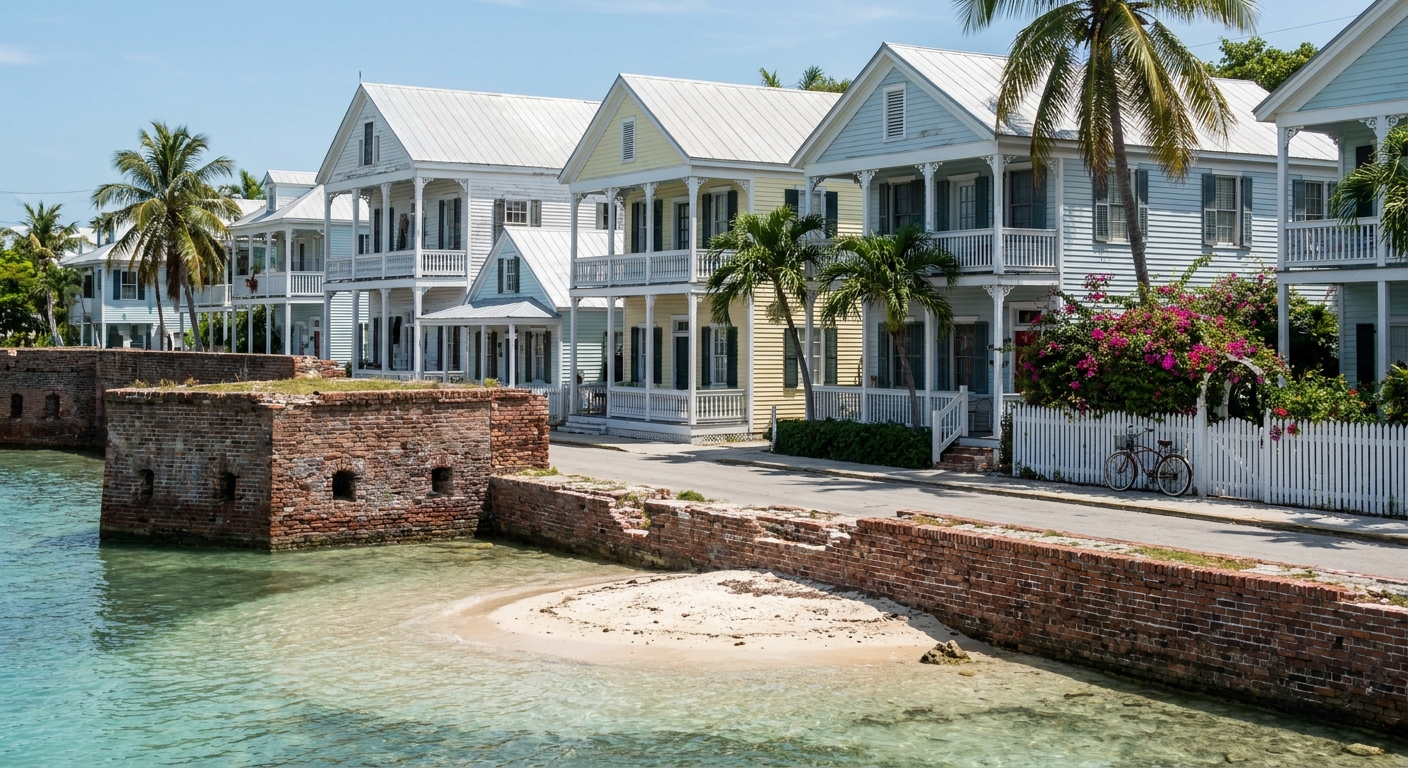 Brick fort walls surrounded by shallow turquoise water and a low sandy island