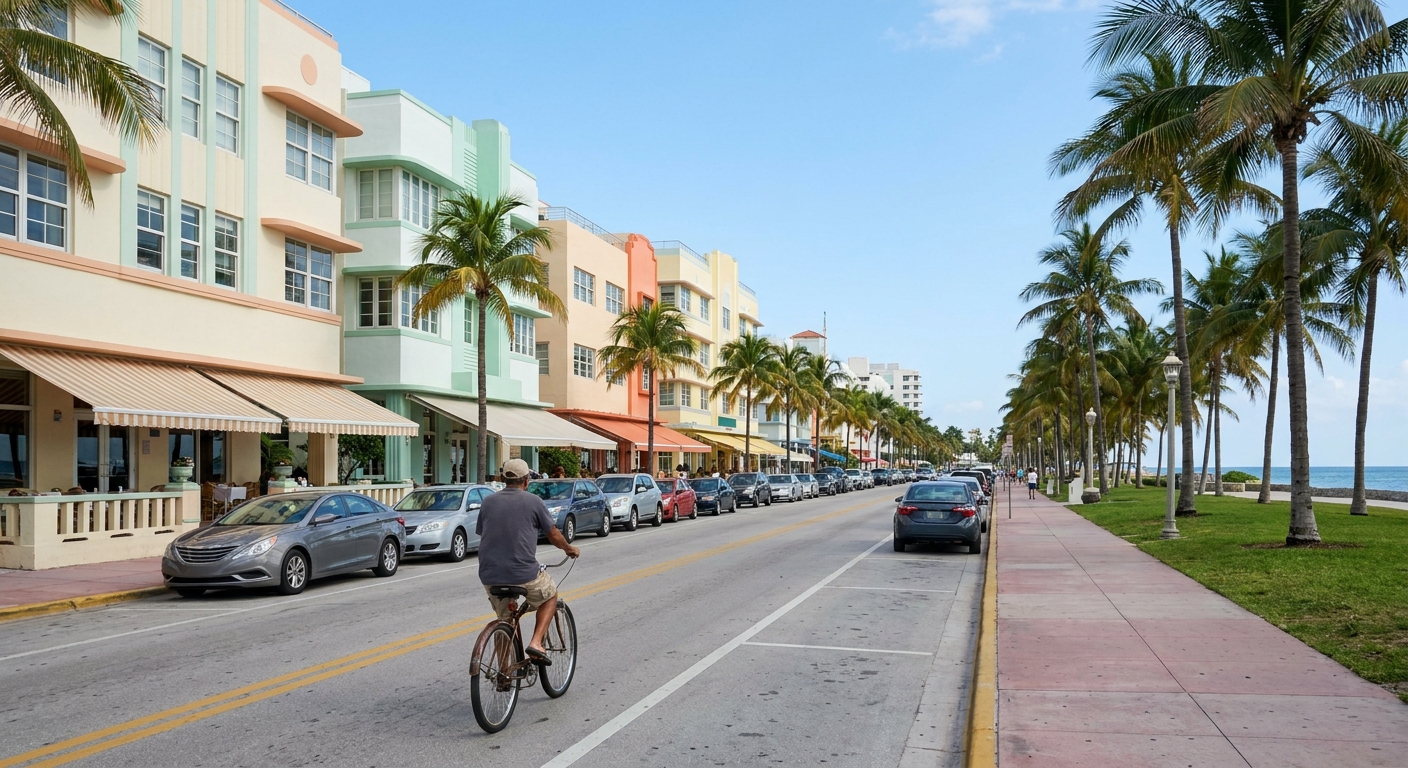 A cyclist riding along a flat shaded residential street past parked cars in Key West