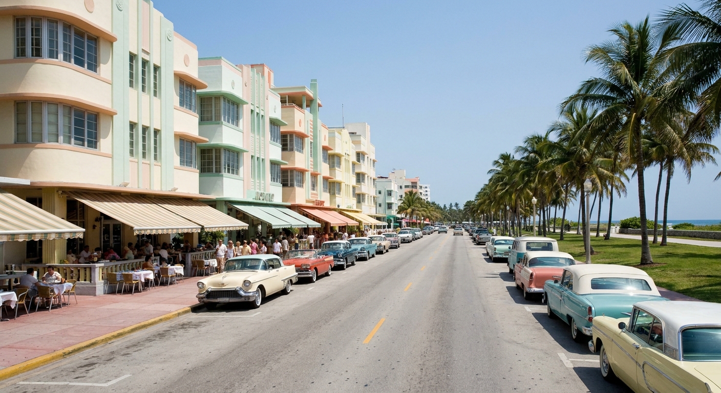 A flat street of wooden clapboard houses with shuttered porches and palms in Key West Old Town