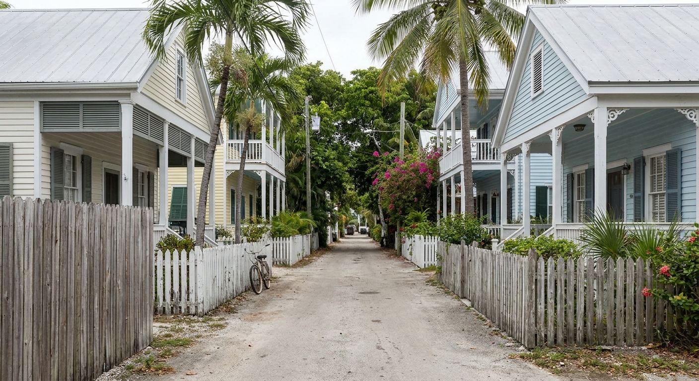 Wooden conch houses with shuttered porches on a flat, tree-shaded Key West street