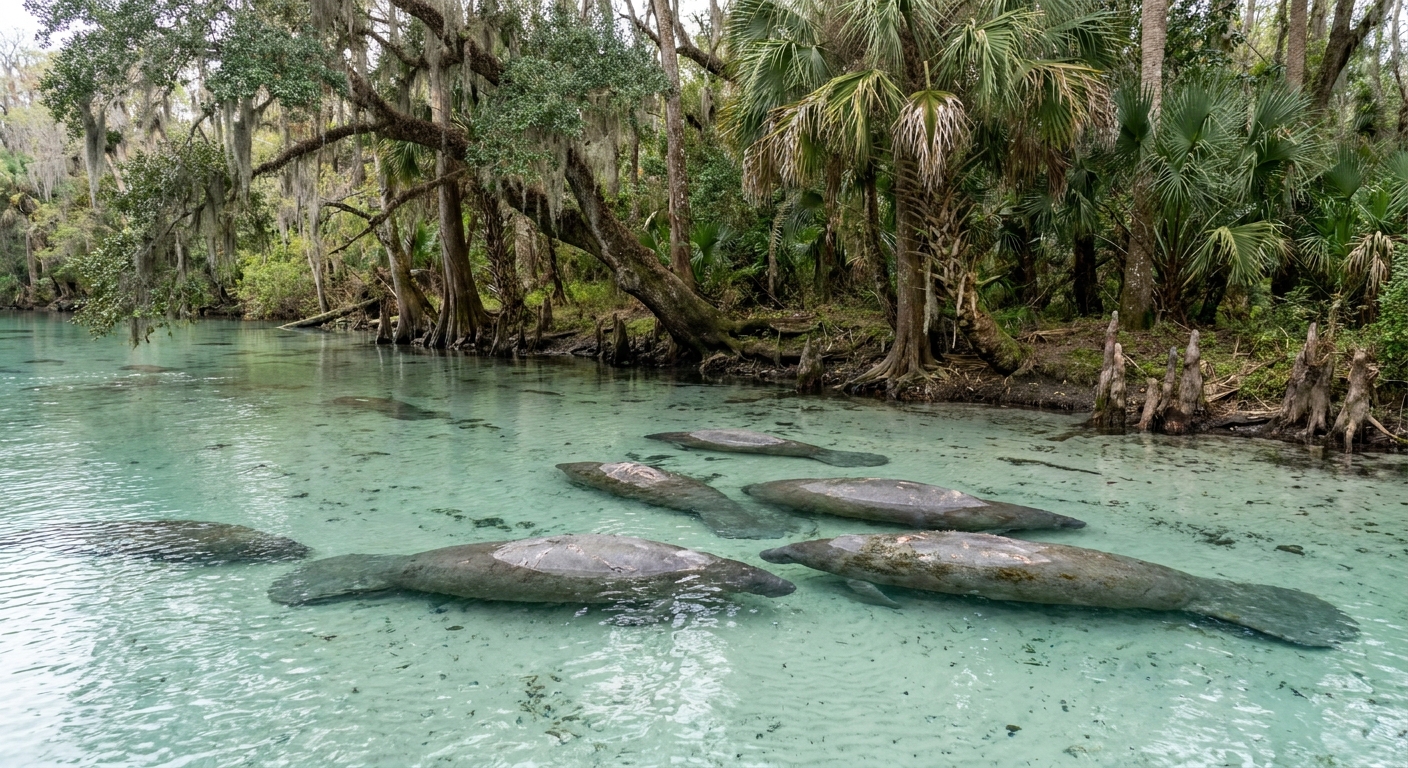 Manatees resting in the clear shallow water of a Florida spring