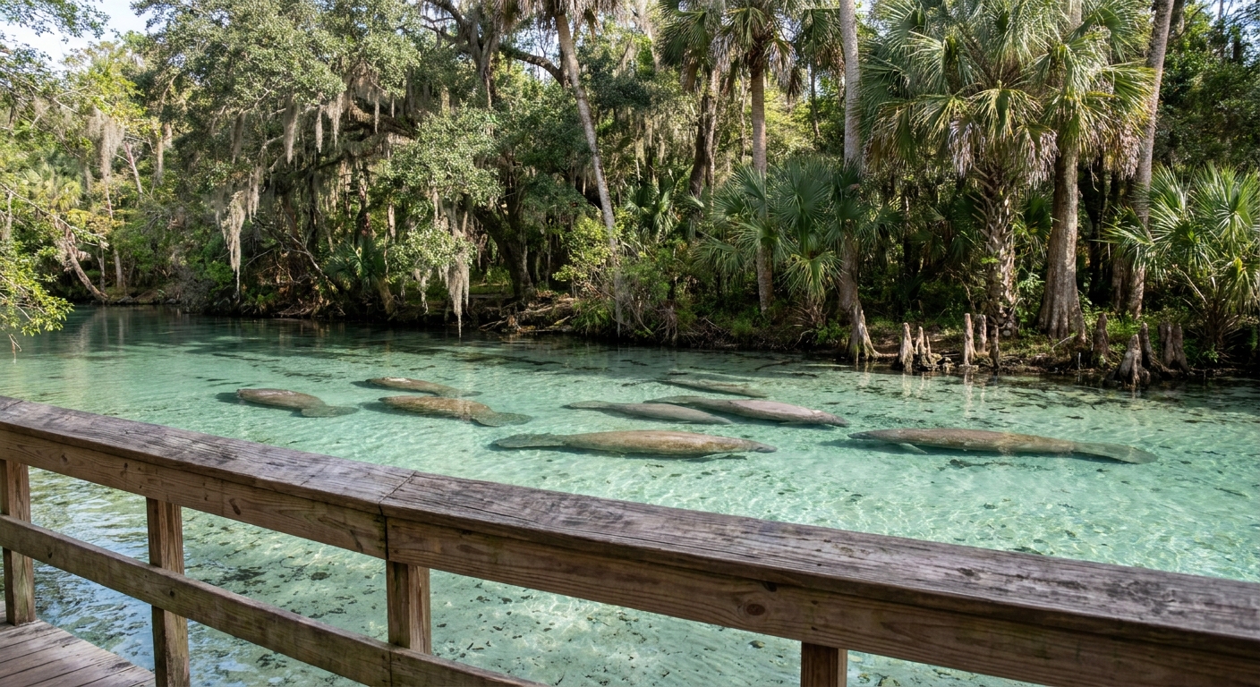 Manatees resting in clear spring water below a wooden boardwalk railing