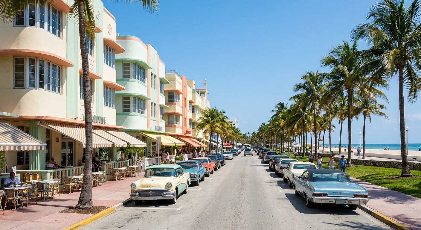 Pastel Art Deco hotels facing a wide beach and palm trees along a seafront street