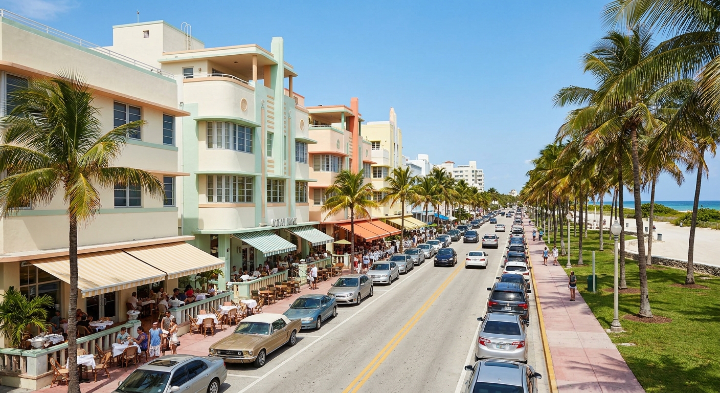 Pastel Art Deco hotels facing a wide public beach in South Beach