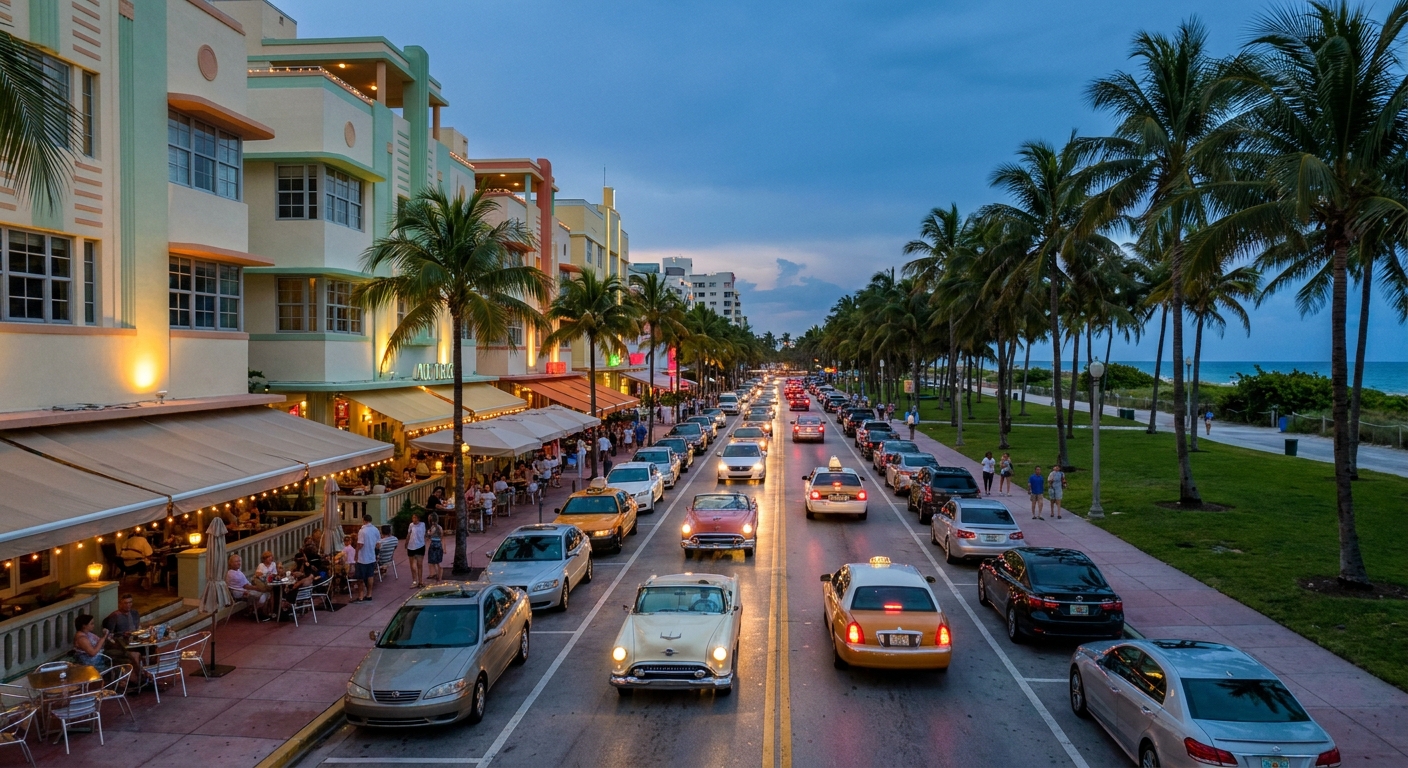 Traffic crossing the MacArthur Causeway over Biscayne Bay between downtown Miami and Miami Beach at dusk