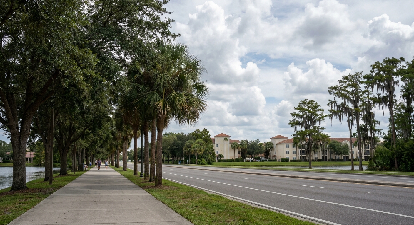Palm trees and a lakefront path in Orlando under a sky of scattered afternoon clouds