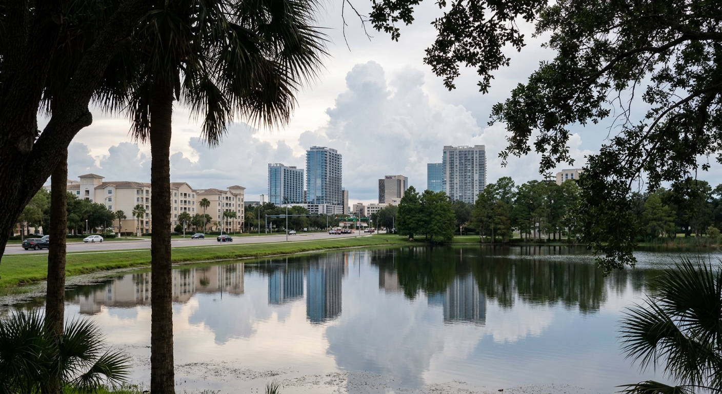 Downtown Orlando towers reflected in a city lake at dusk with palms in the foreground