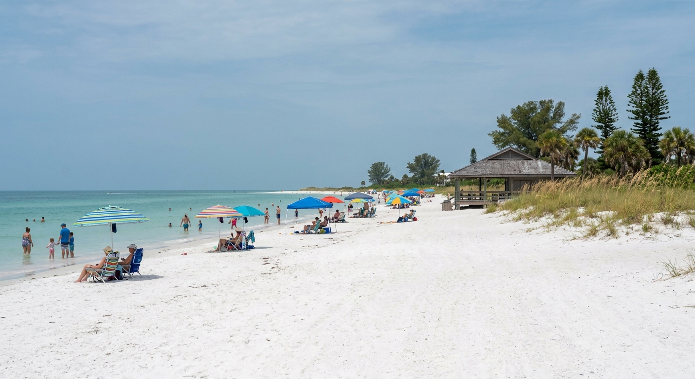 Wide pale sand beach with turquoise shallow water and beachgoers under umbrellas on Siesta Key