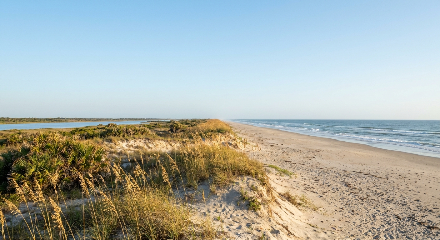 Empty Atlantic beach with low dunes and sea oats under a clear sky on the Florida coast