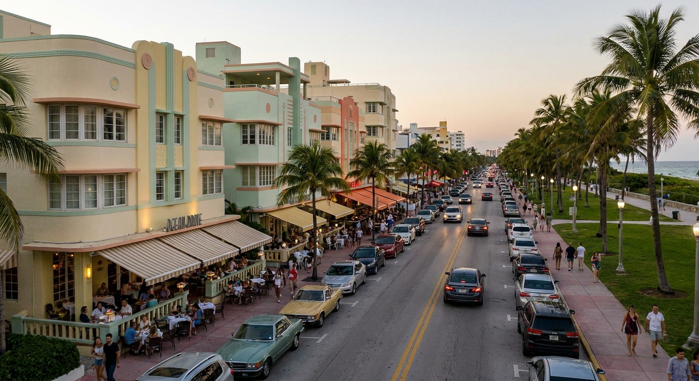 Cars and pedestrians on a South Beach street lined with pastel Art Deco hotels at dusk
