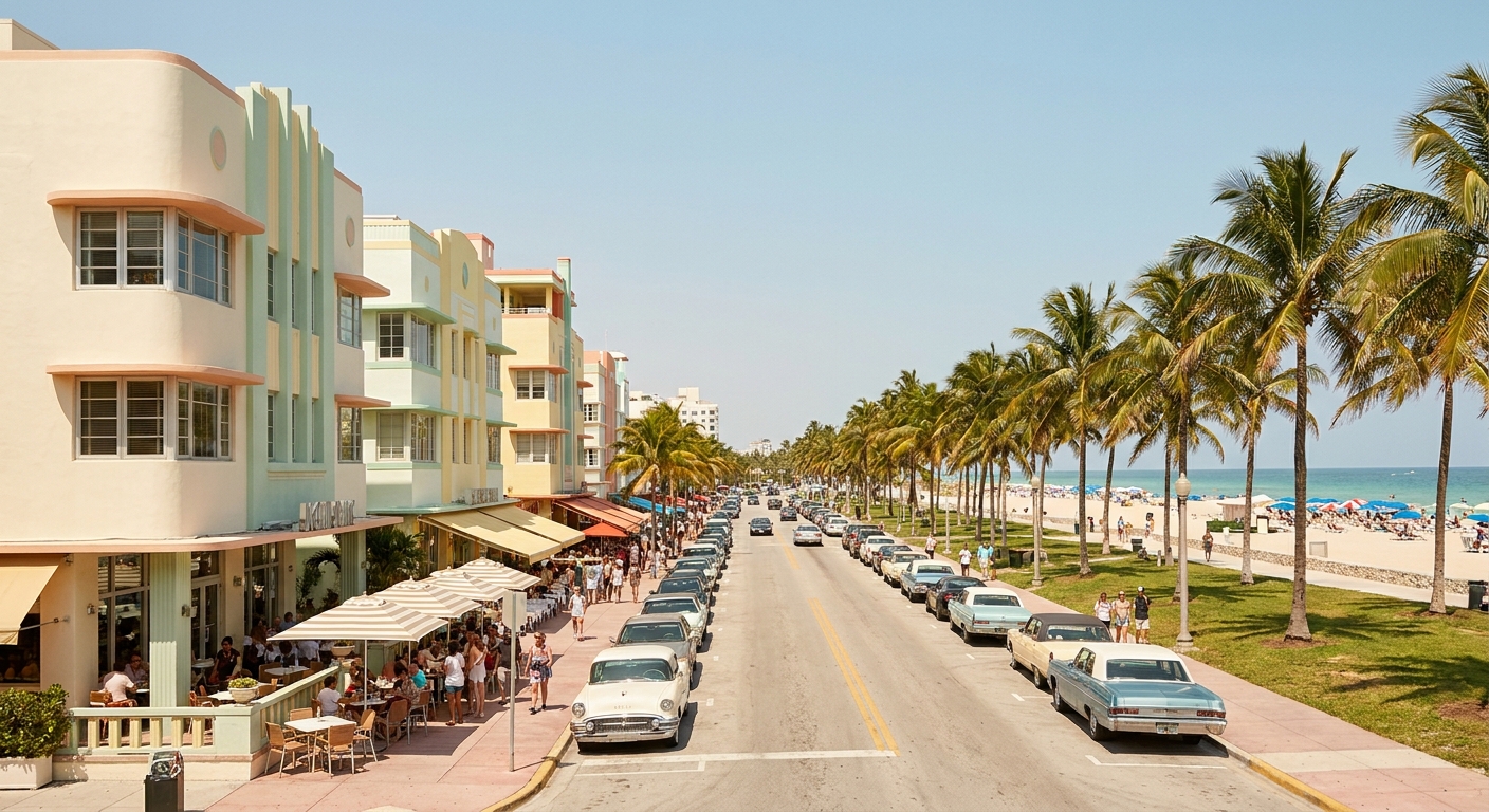 A crowded stretch of Florida beach with umbrellas and swimmers on a March afternoon
