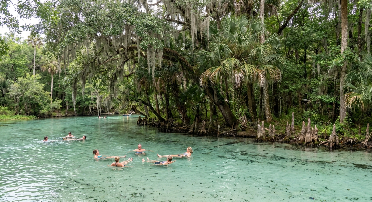 Swimmers floating in clear turquoise water above a pale limestone spring bottom
