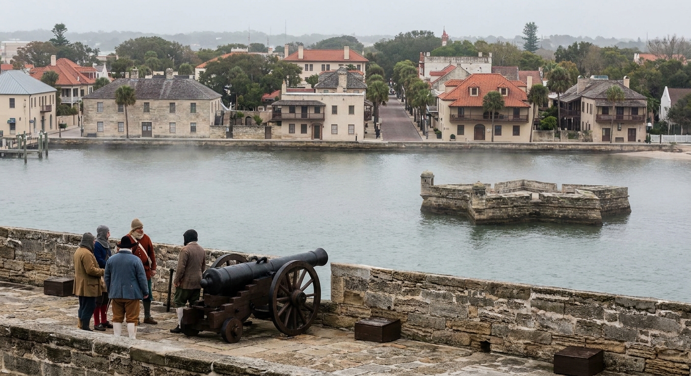 The stone gun deck of a Spanish coastal fort overlooking a bay in morning light