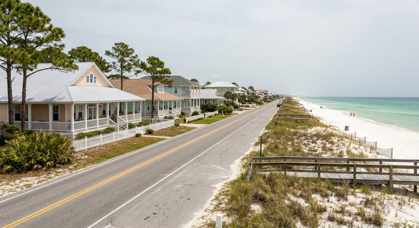 Low pastel beach houses and a two-lane coastal road lined with pines and palmetto