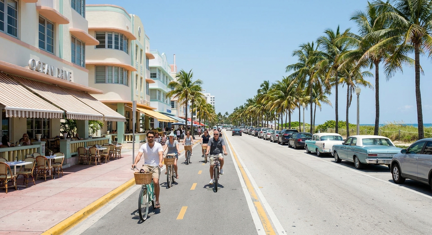 Cyclists riding a paved path beside a coastal road with dunes and sea oats behind