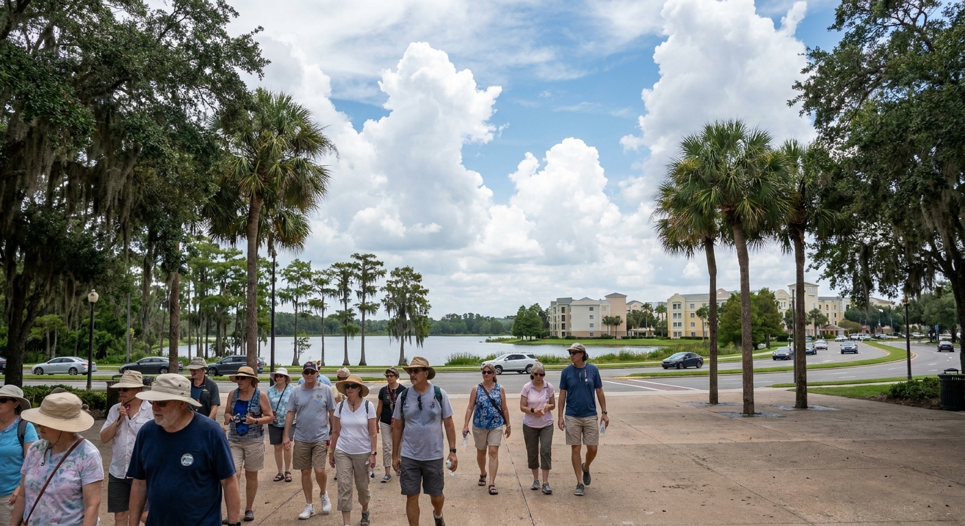 Visitors walking a wide theme park esplanade in Orlando under a bright afternoon sky