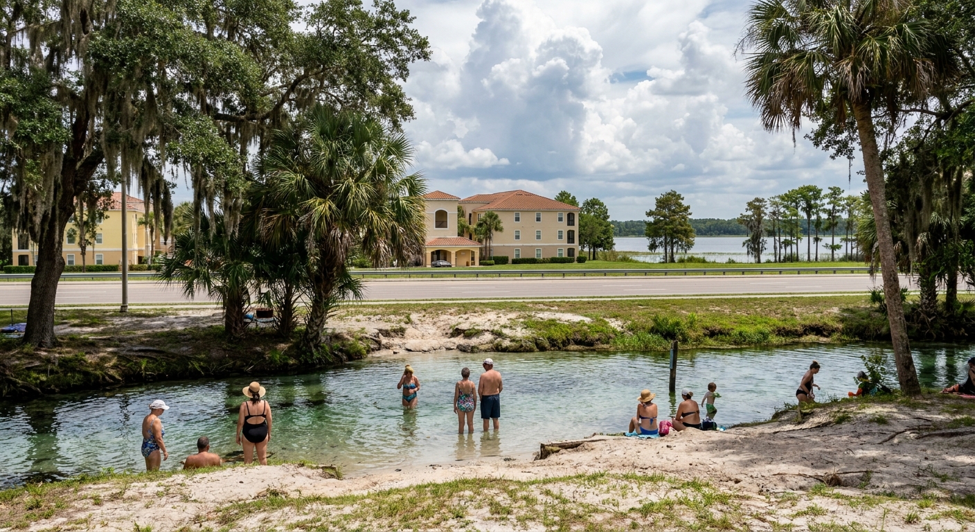 A clear spring run under oaks with swimmers along the bank in central Florida