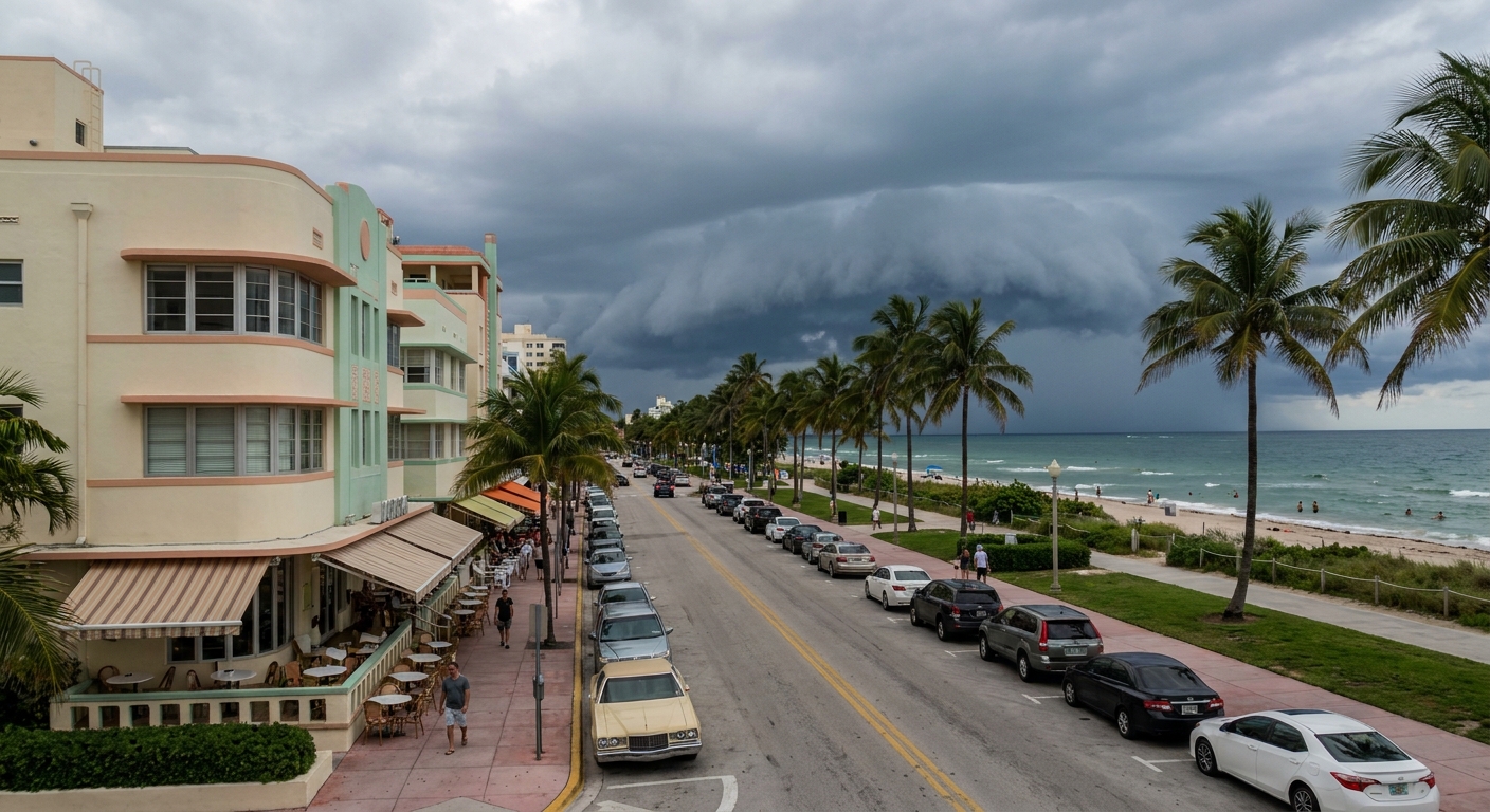 A thunderstorm cloud building over a Florida beach in late afternoon with swimmers still in the water