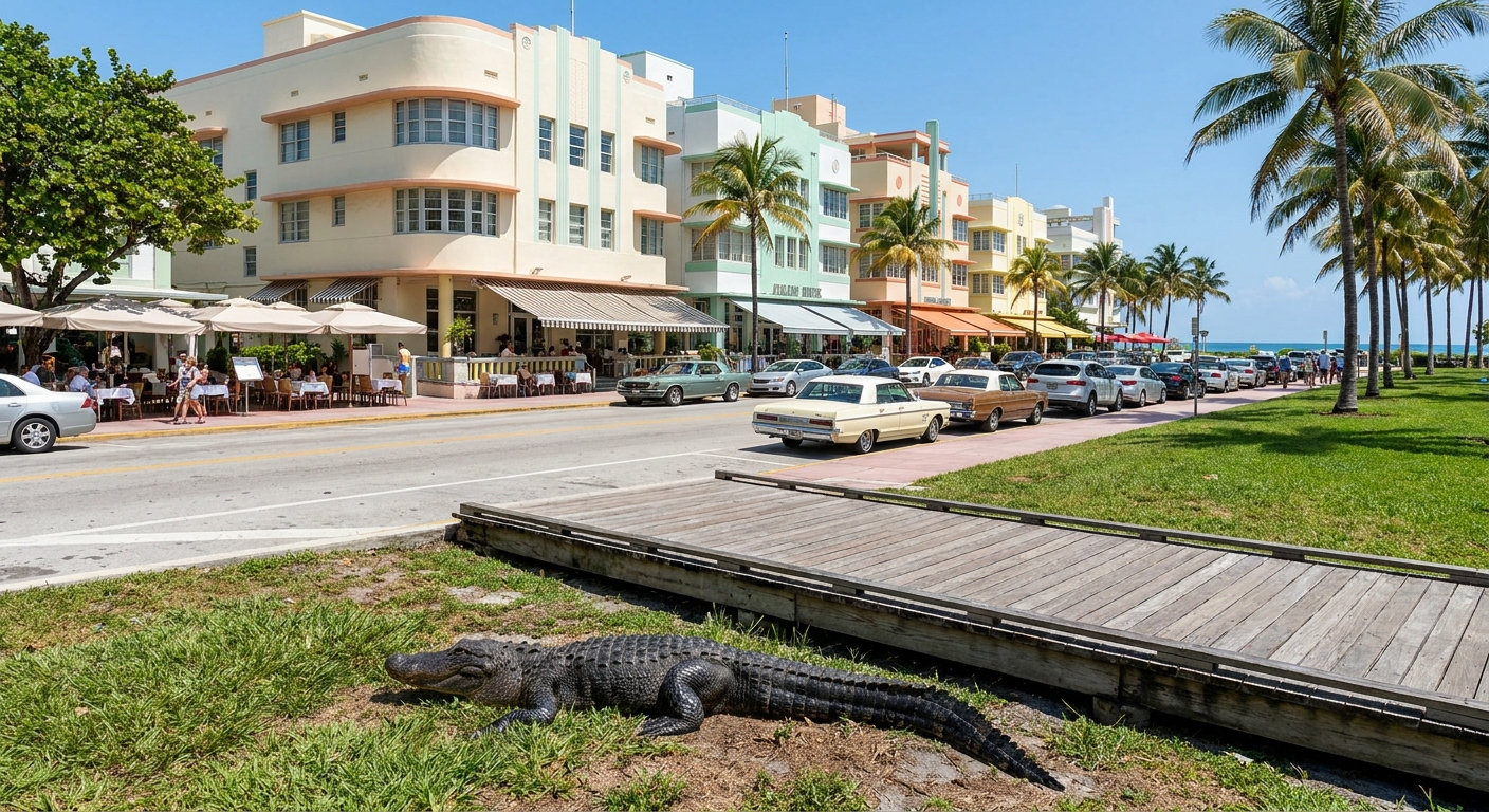 An alligator resting beside a raised wooden boardwalk in a sawgrass marsh