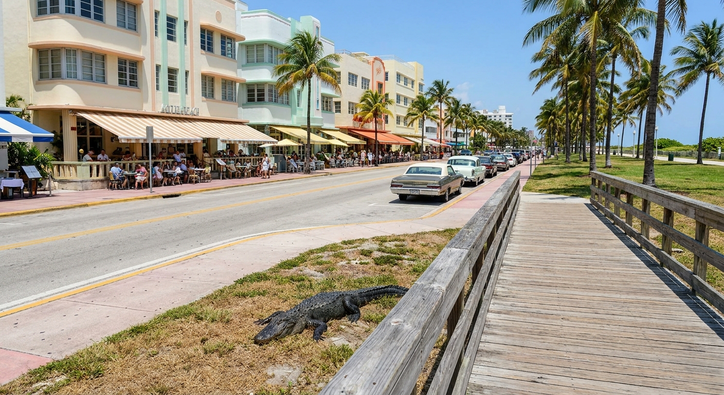 An alligator resting beside a wooden boardwalk over sawgrass in the Everglades