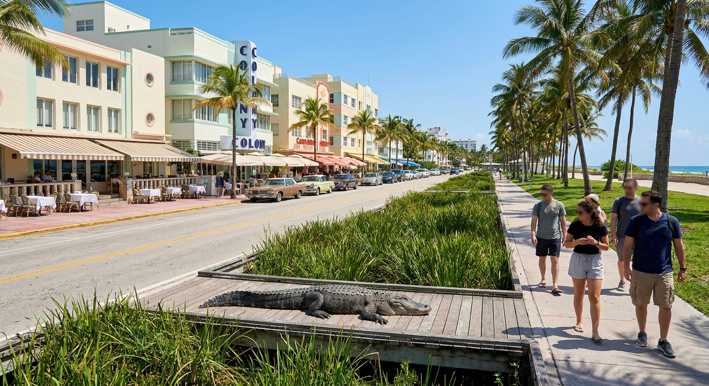 An alligator resting beside a wooden boardwalk over sawgrass marsh in the Everglades