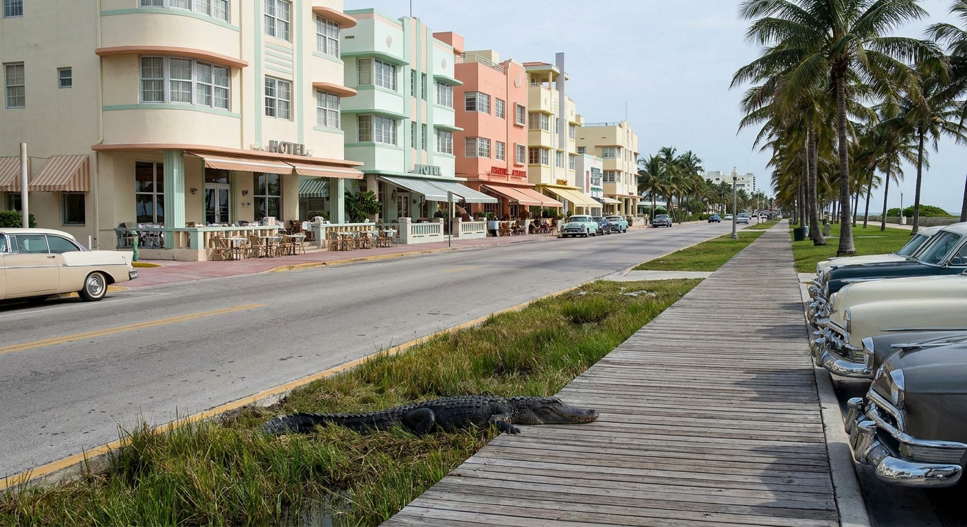 An alligator resting beside a wooden boardwalk over sawgrass marsh in the Everglades