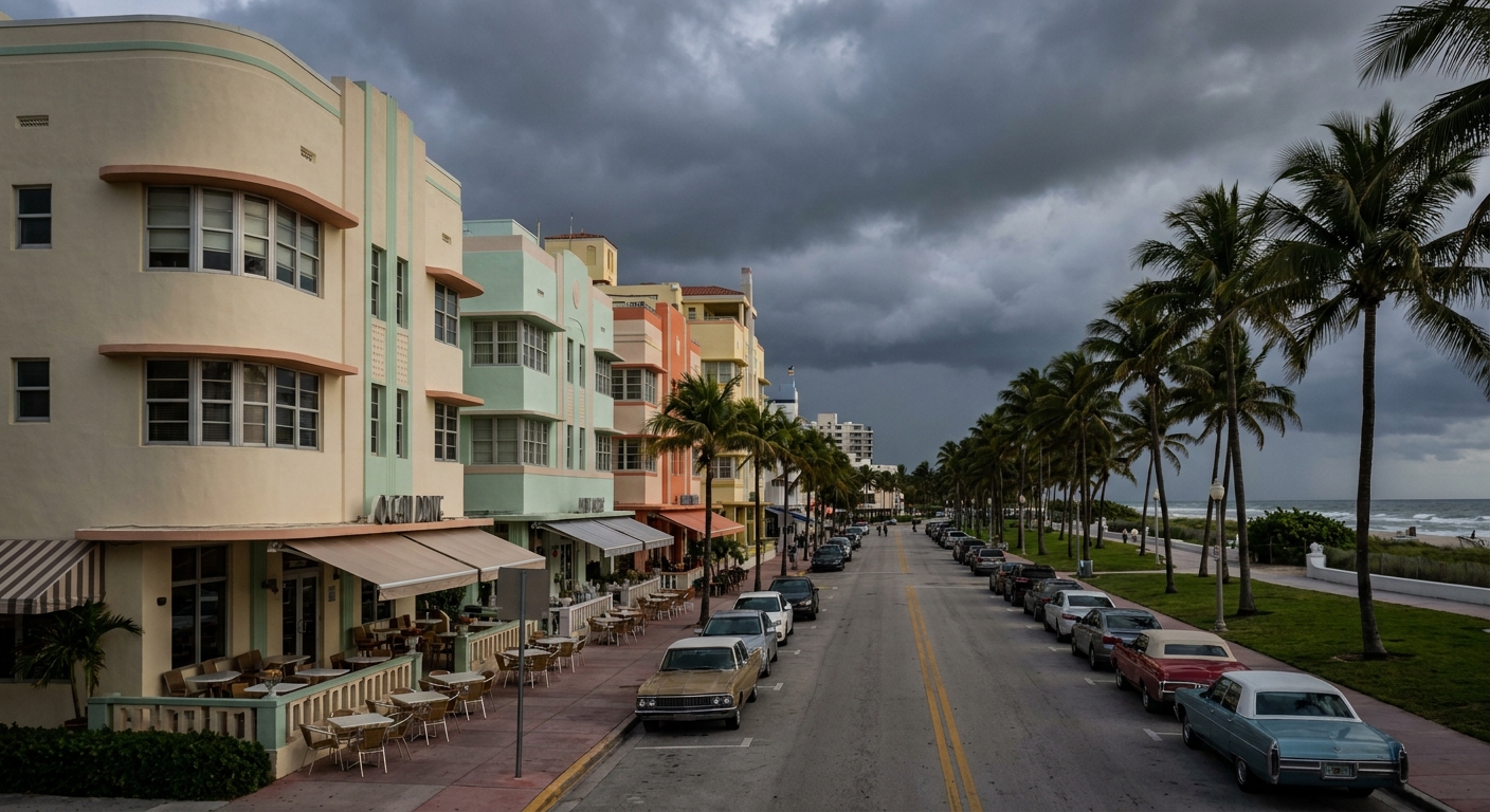 Storm clouds building over an empty stretch of Gulf coast beach in late afternoon