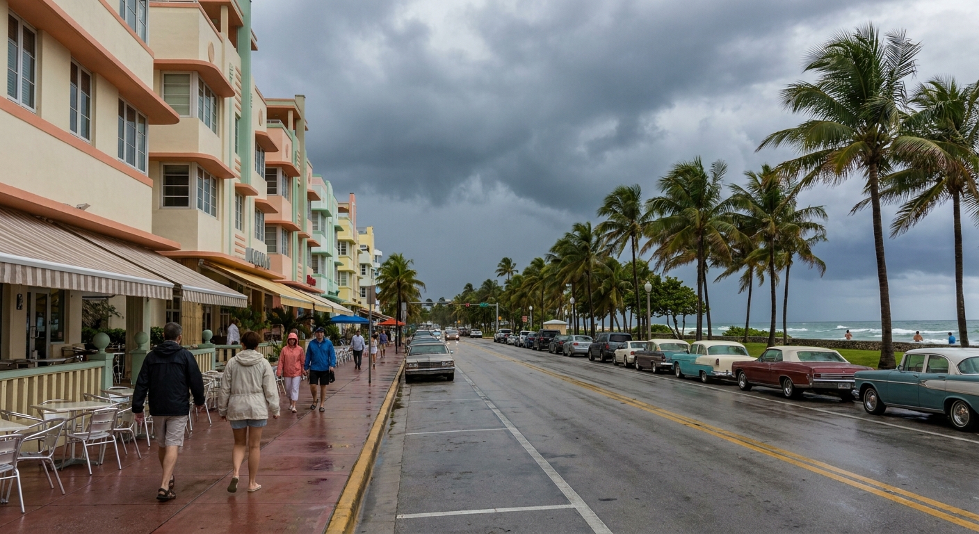 Dark storm clouds building over a wide Miami Beach shoreline in late afternoon, with swimmers still in the water