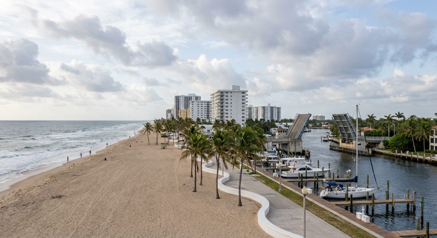 Wide sand beach and Atlantic surf at Fort Lauderdale under scattered morning clouds