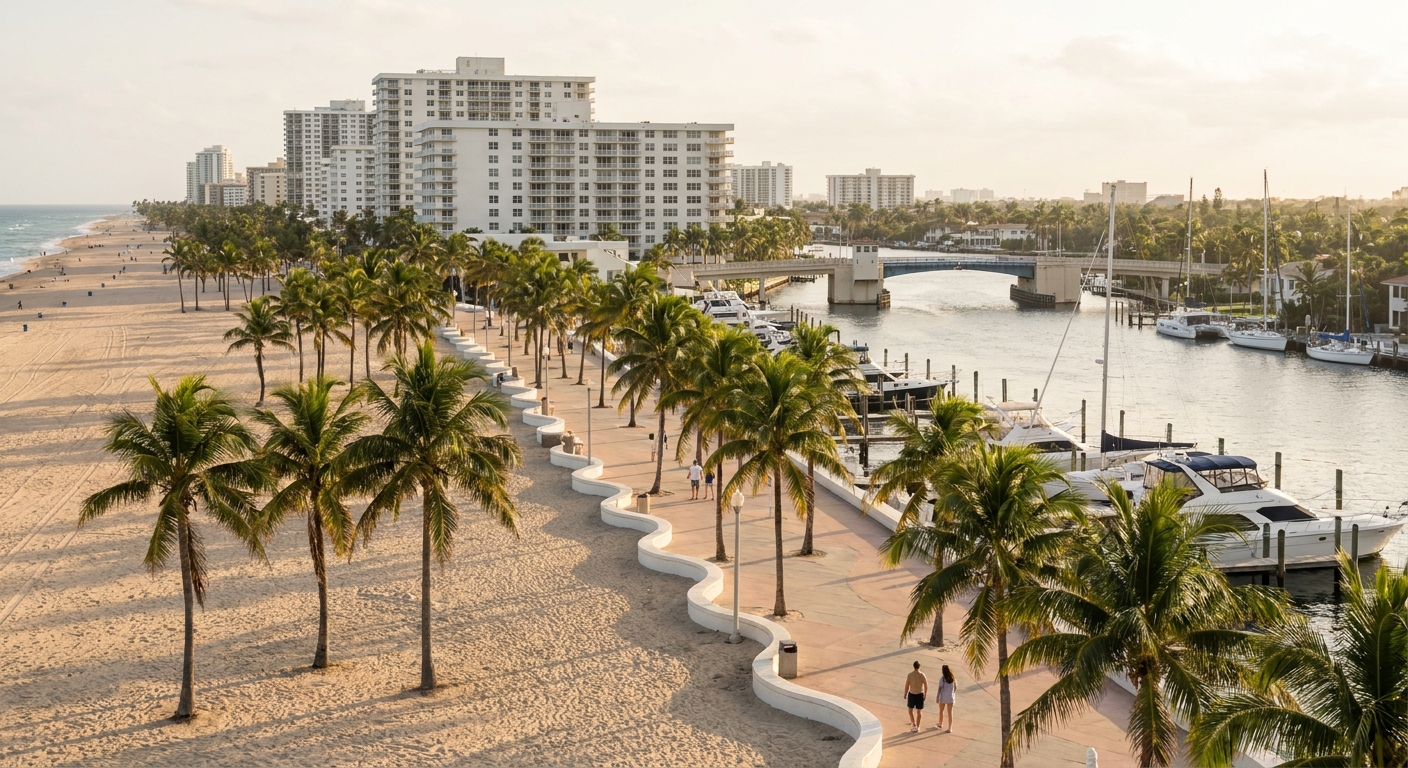 Wide Atlantic beach at Fort Lauderdale with palms and a low afternoon sun