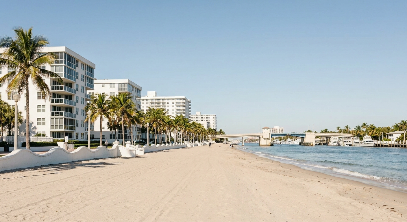 Wide sandy beach with low surf and palms under a clear winter sky in Fort Lauderdale