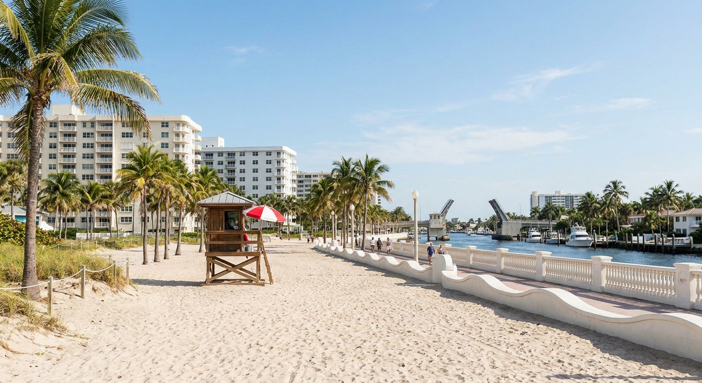 Wide sandy beach with palms and a lifeguard stand under a bright summer sky in South Florida